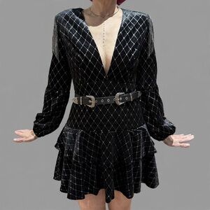 Black Velvet Plunging V-Neck Mini Dress with Chain Shoulder Detail